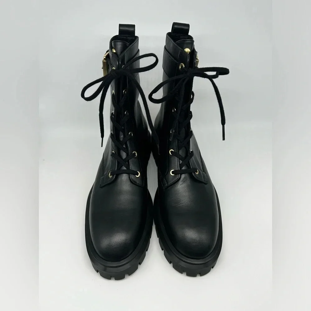 Stuart Weitzman Ultra Lug Black Combat boots Gold Buckles  size 10.5  new